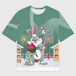 Футболка оверсайз мужская Заяц с цветами новогодний, цвет: 3D-принт