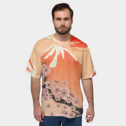 Футболка оверсайз мужская Ветка цветущей сакуры и вулкан, цвет: 3D-принт — фото 2