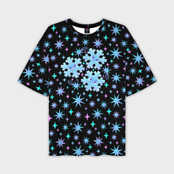 Футболка оверсайз мужская Снежинки в ночном небе с цветными звездами, цвет: 3D-принт