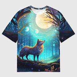 Футболка оверсайз мужская Волк в ночном лесу в folk art стиле, цвет: 3D-принт