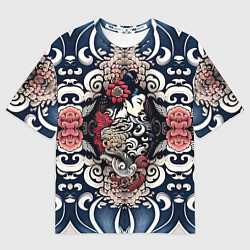 Мужская футболка оверсайз Irezumi style: девушка и синие узоры