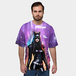 Футболка оверсайз мужская Девушка-кошка - киберпанк, цвет: 3D-принт — фото 2