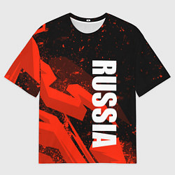 Футболка оверсайз мужская Russia - белая надпись на красных брызгах, цвет: 3D-принт