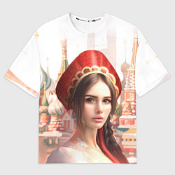 Футболка оверсайз мужская Девушка в кокошнике с косой - кремль, цвет: 3D-принт