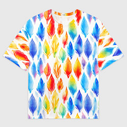 Футболка оверсайз мужская Желто-красно-синие перья тай-дай: паттерн, цвет: 3D-принт