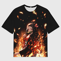 Футболка оверсайз мужская Незуко и пламя - клинок, цвет: 3D-принт