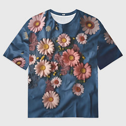 Футболка оверсайз мужская Хризантемы на джинсе, цвет: 3D-принт