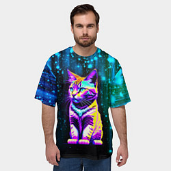 Футболка оверсайз мужская Космический котёнок - звездопад, цвет: 3D-принт — фото 2