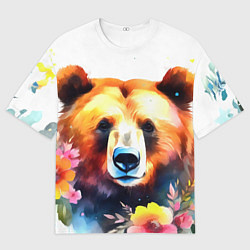 Футболка оверсайз мужская Морда медведя гризли с цветами акварелью, цвет: 3D-принт