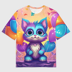 Футболка оверсайз мужская Котик с воздушными шариками, цвет: 3D-принт