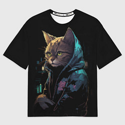 Футболка оверсайз мужская Кот в стиле киберпанк, цвет: 3D-принт