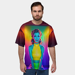 Футболка оверсайз мужская Девушка в жёлтом топе медитирует в неоновой комнат, цвет: 3D-принт — фото 2