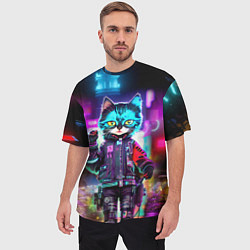 Футболка оверсайз мужская Cool kitten - cyberpunk - neon glow, цвет: 3D-принт — фото 2