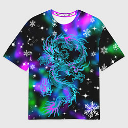 Футболка оверсайз мужская Неоновый дракон в снежинках, цвет: 3D-принт