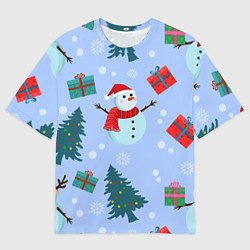 Футболка оверсайз мужская Снеговики с новогодними подарками паттерн, цвет: 3D-принт