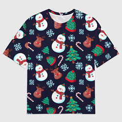 Футболка оверсайз мужская Снеговички с рождественскими оленями и елками, цвет: 3D-принт