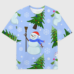 Футболка оверсайз мужская Снеговики с новогодними елками паттерн, цвет: 3D-принт