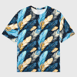 Футболка оверсайз мужская Перья птиц на темном фоне паттерн, цвет: 3D-принт