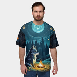 Футболка оверсайз мужская Волк у костра в стиле фолк-арт, цвет: 3D-принт — фото 2