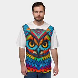 Футболка оверсайз мужская Сова желтоглазая с разноцветными перьями, цвет: 3D-принт — фото 2