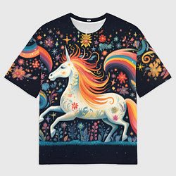Футболка оверсайз мужская Радужная лошадка в стиле фолк-арт, цвет: 3D-принт