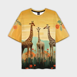 Футболка оверсайз мужская Три жирафа в стиле фолк-арт, цвет: 3D-принт