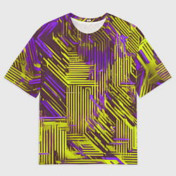Футболка оверсайз мужская Киберпанк линии фиолетовые и жёлтые, цвет: 3D-принт