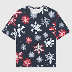 Футболка оверсайз мужская Снежинки белые и красные, цвет: 3D-принт