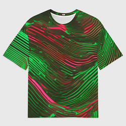 Футболка оверсайз мужская Волнистые линии зелёные и красные, цвет: 3D-принт