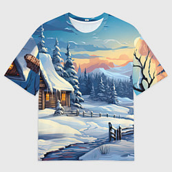 Футболка оверсайз мужская Зимний новогодний пейзаж, цвет: 3D-принт