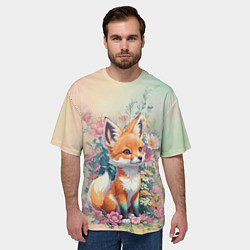 Футболка оверсайз мужская Милый лисёнок в цветах, цвет: 3D-принт — фото 2