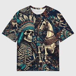 Футболка оверсайз мужская Татуировка скелета индейца и ковбоя в техасе, цвет: 3D-принт