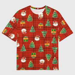 Футболка оверсайз мужская Елочки и Санта - паттерн красная клетка, цвет: 3D-принт