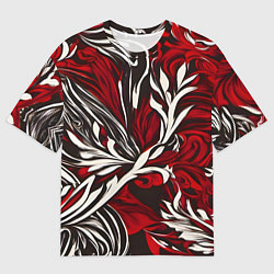 Мужская футболка оверсайз Красно белый узор на чёрном фоне