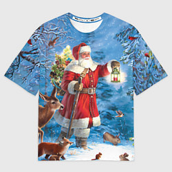 Футболка оверсайз мужская Дед Мороз в лесу с животными, цвет: 3D-принт