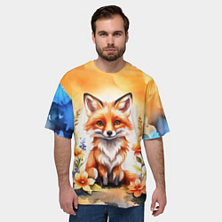 Футболка оверсайз мужская Рыжая лиса с цветами акварелью, цвет: 3D-принт — фото 2