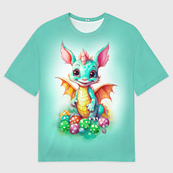 Футболка оверсайз мужская Зеленый дракончик с новогодними игрушками, цвет: 3D-принт
