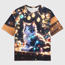 Футболка оверсайз мужская Кот и новогодние украшения, цвет: 3D-принт