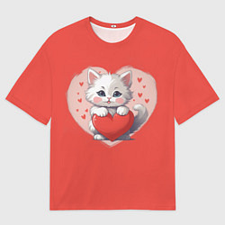 Футболка оверсайз мужская Мультяшный котенок держит красное сердечко, цвет: 3D-принт