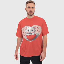 Футболка оверсайз мужская Мультяшный котенок держит красное сердечко, цвет: 3D-принт — фото 2