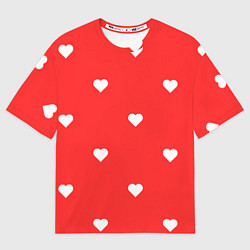 Футболка оверсайз мужская Белые сердца на красном фоне, цвет: 3D-принт