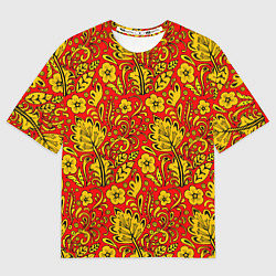 Футболка оверсайз мужская Хохломская роспись золотистые цветы на красном фон, цвет: 3D-принт