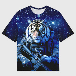 Футболка оверсайз мужская Тигр солдат снег и звезды, цвет: 3D-принт