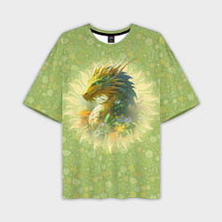 Футболка оверсайз мужская Зеленый дракон на цветочной поляне, цвет: 3D-принт