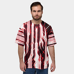 Футболка оверсайз мужская Красные неоновые полосы на чёрном фоне, цвет: 3D-принт — фото 2