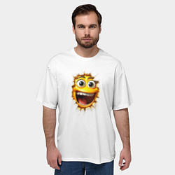 Футболка оверсайз мужская Желтый смайлик в разбитой стене из дырки, цвет: 3D-принт — фото 2