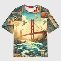 Футболка оверсайз мужская Мост через реку и пэчворк - нейросеть арт USA brid, цвет: 3D-принт