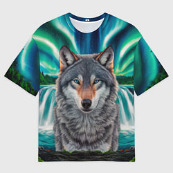 Футболка оверсайз мужская Серый волк стоящий перед водопадом под северным си, цвет: 3D-принт
