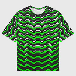 Футболка оверсайз мужская Белые и зелёные полосы на чёрном фоне, цвет: 3D-принт