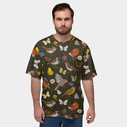 Футболка оверсайз мужская Птицы и бабочки с цветами паттерн, цвет: 3D-принт — фото 2